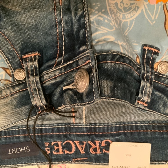 Grace In LA SHORTS Denim Jean 27 BRAND New Distressed Patches Surf Cut Offs Boho - Picture 5 of 13